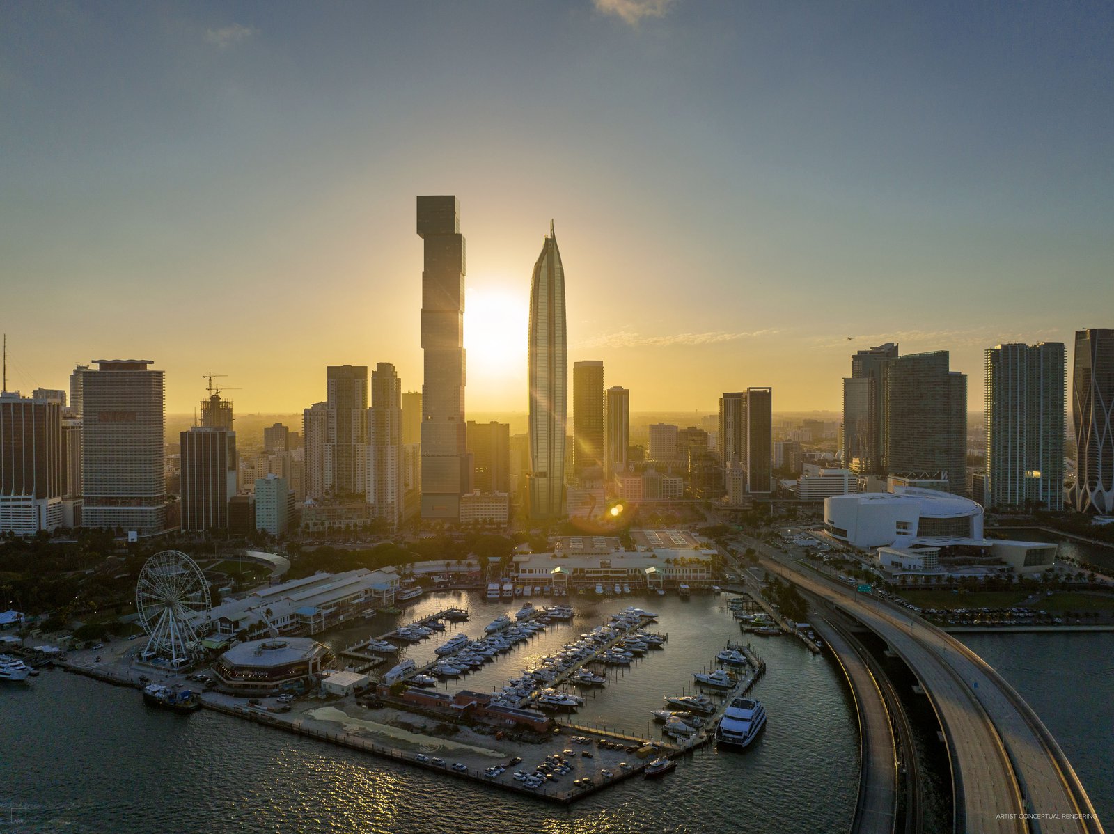 Delano Residences — the sculptural tower form envisioned by Carlos Ott rising above Biscayne Bay
