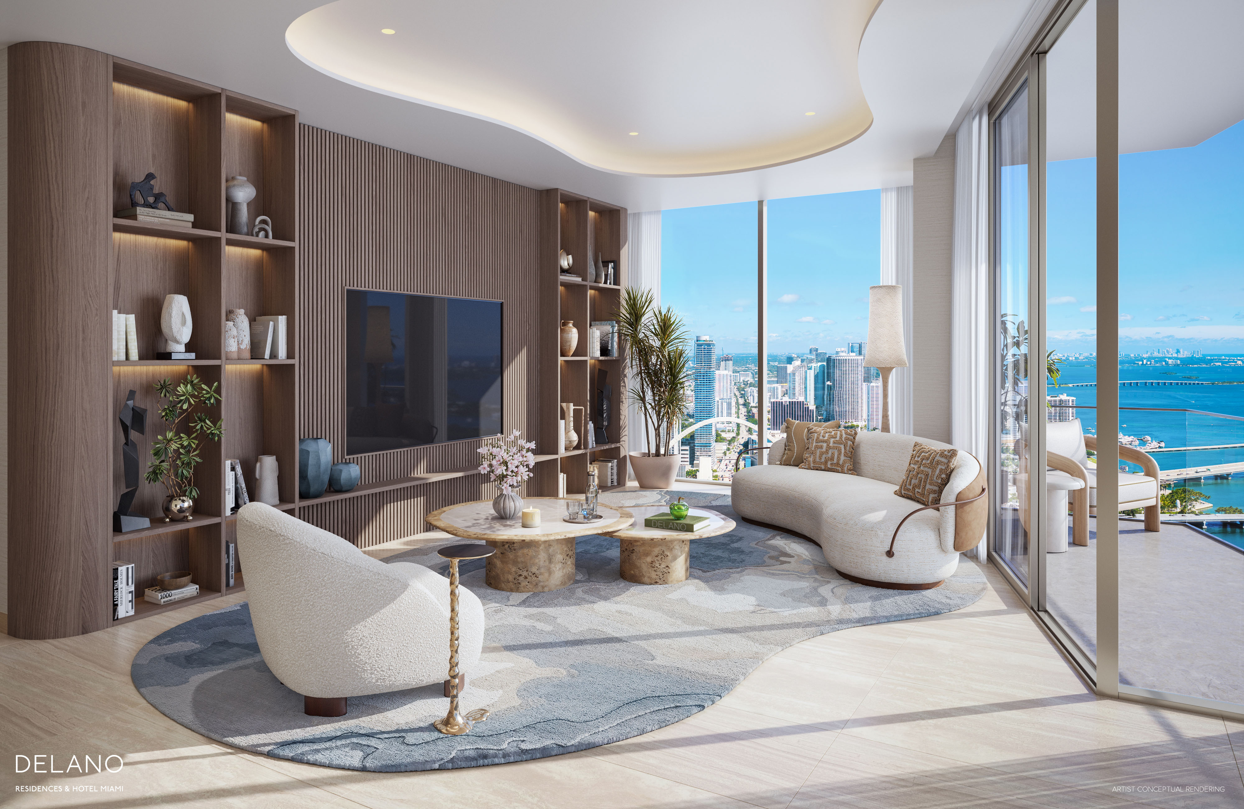 Delano Miami residence great room with floor-to-ceiling windows and Biscayne Bay views