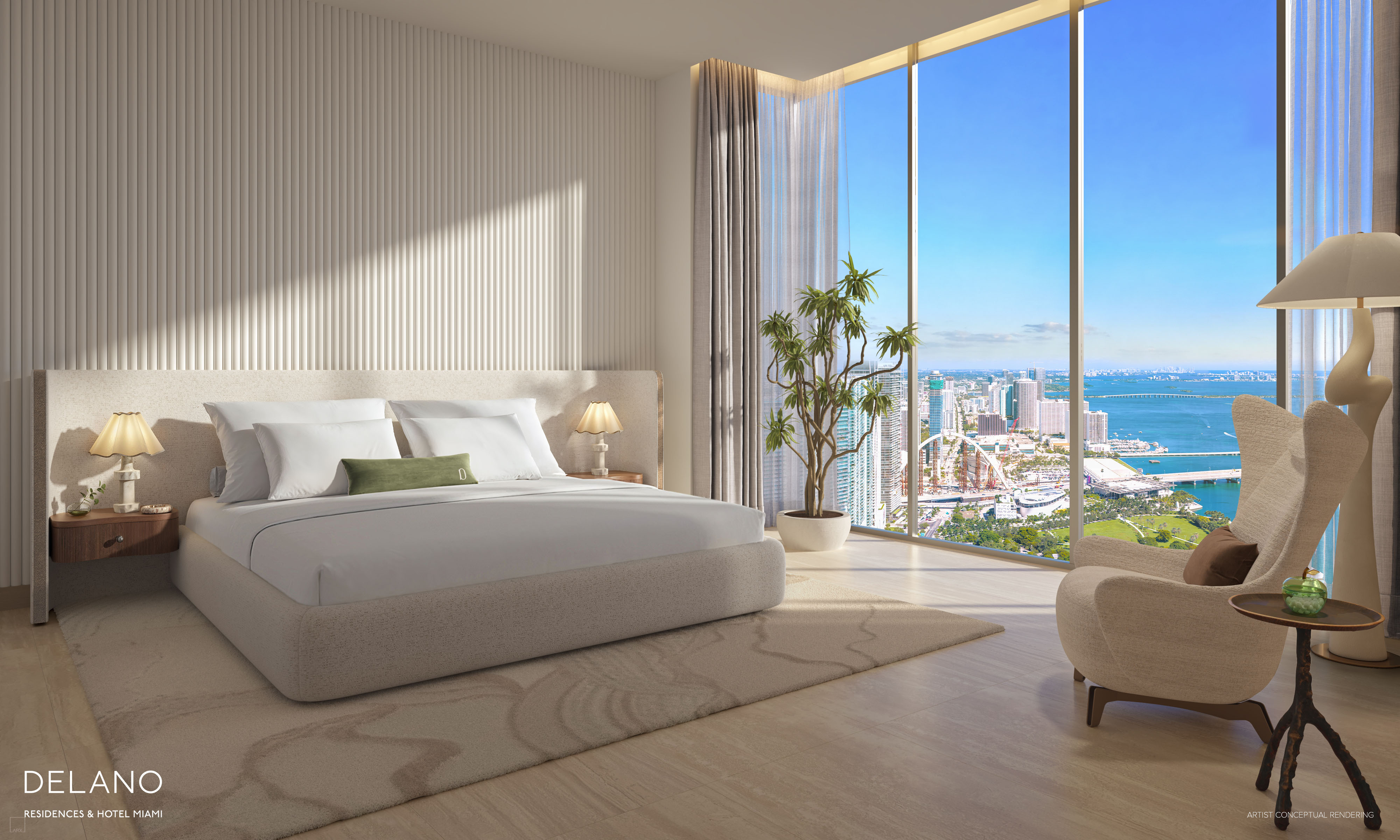 Delano Miami residence primary bedroom with panoramic views of downtown Miami