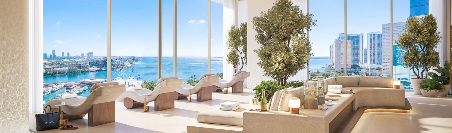Delano Miami resort-style pool deck with cabanas overlooking Biscayne Bay