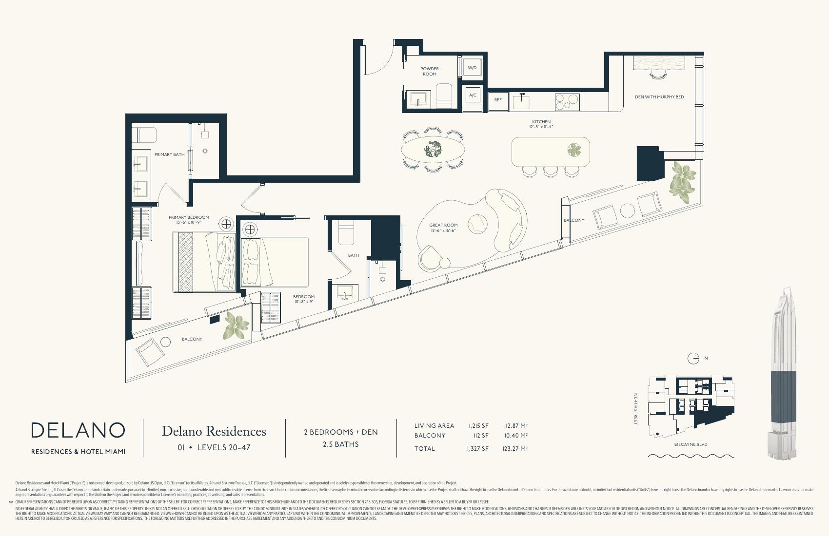 Delano Collection Line 01 floor plan — 2 bedroom den 2.5 bath, 1,327 SF, levels 20-47
