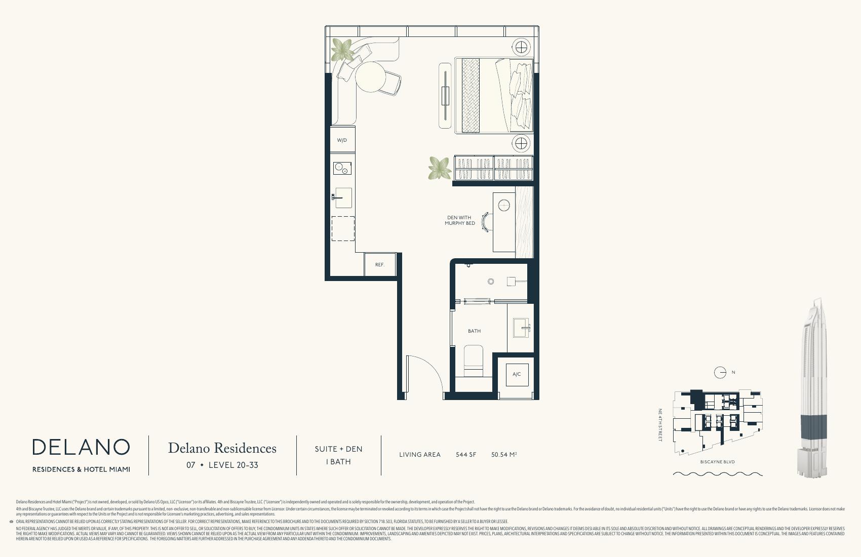 Delano Collection Line 07 floor plan — suite with den 1 bath, 544 SF, levels 20-33