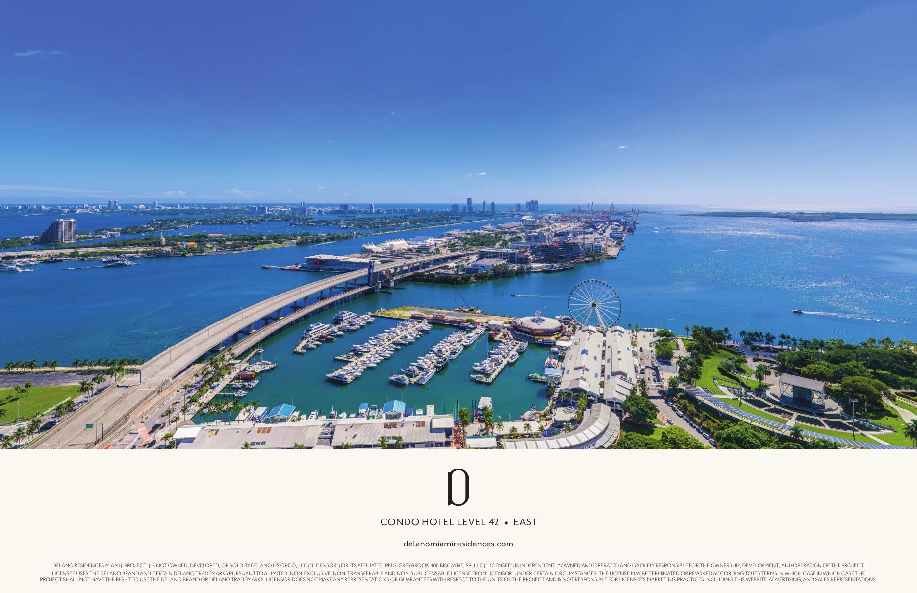 Simulated view from Delano Residences level 42 looking east over Biscayne Bay and Miami Beach