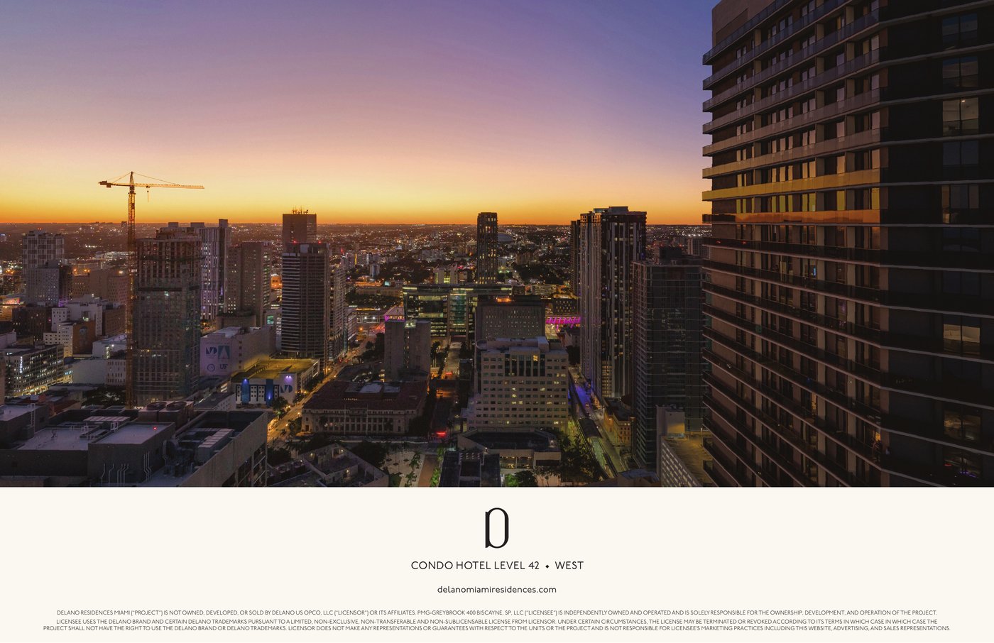 Simulated view from Delano Residences level 42 looking west over downtown Miami and Brickell
