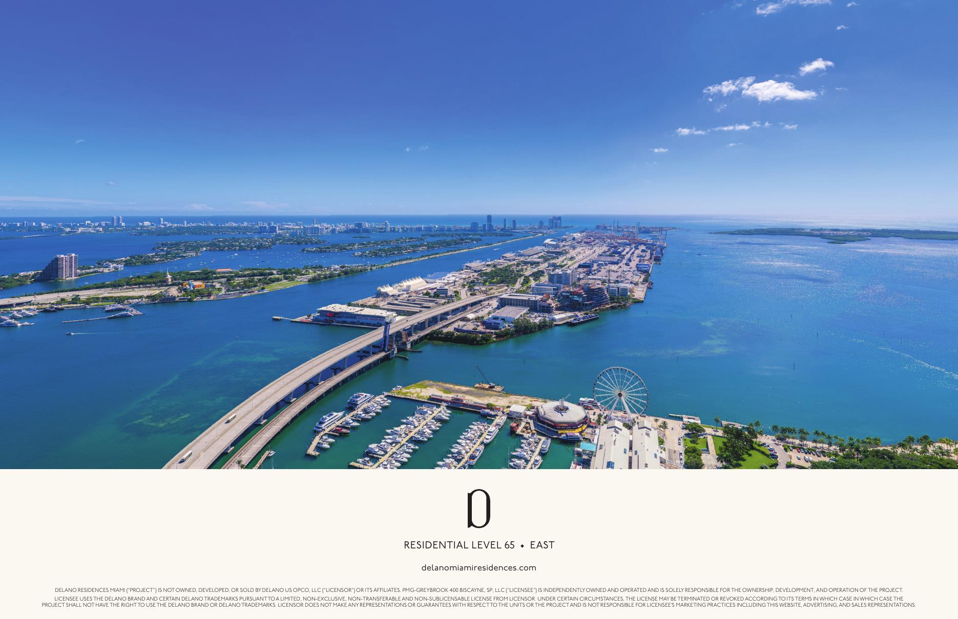 Simulated view from Delano Residences level 65 looking east — panoramic view of Biscayne Bay, Fisher Island, and Atlantic Ocean