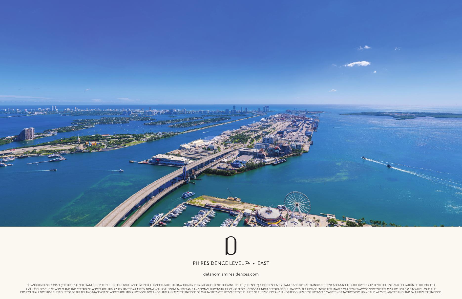 Simulated view from Delano Residences level 74 looking east — full panorama of South Florida coastline from North Miami to Key Biscayne